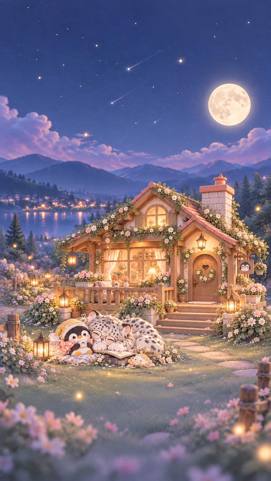 月光花园：暖灯小屋、星空湖泊与依偎在一起的小企鹅、雪豹和谢小珩